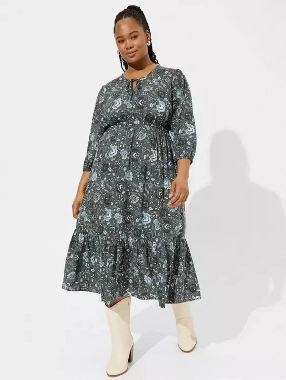 Torrid Gray Tea Length Challis Front Tiered A-line Dress Plus Size 2 2x - Picture 1 of 10